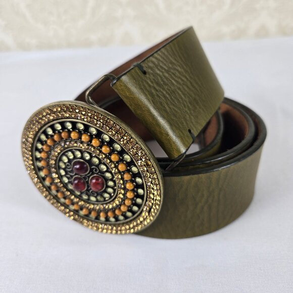 Chico's Size Large Olive Green Wide Leather Belt Crystal & Stone Covered Buckle - Picture 2 of 11